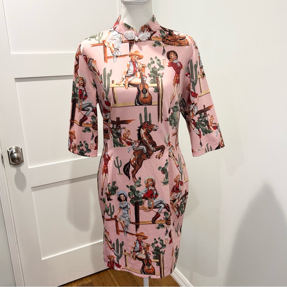 Pink Novelty Western Cowboy Print Dress